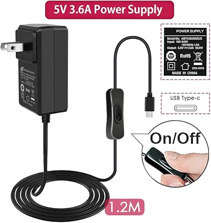18W 5V 3.6A Power Supply for Raspberry Pi 4/Orange Pi 5&5B, Type C with ON/Off Switch and Micro USB